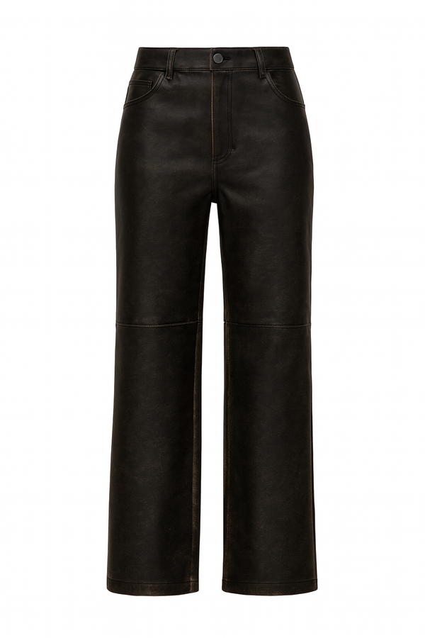PANTALÓN LARGO DE PIEL CON ACABADO DESGASTADO NEGRO