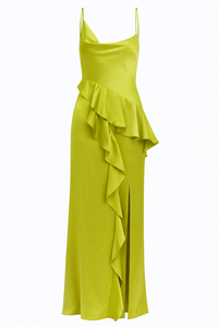 VESTIDO LARGO DE SATIN CON VOLANTES LIMA