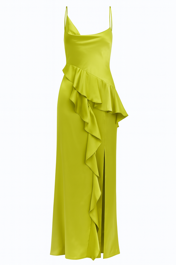 VESTIDO LARGO DE SATIN CON VOLANTES LIMA