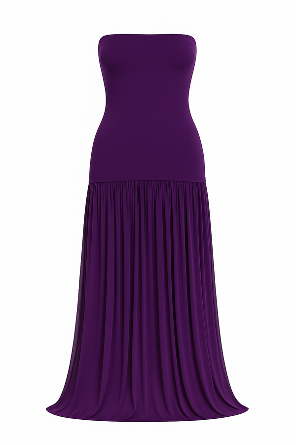VESTIDO STRAPLESS FORMAL LARGO CON TUL ORQUIDEA