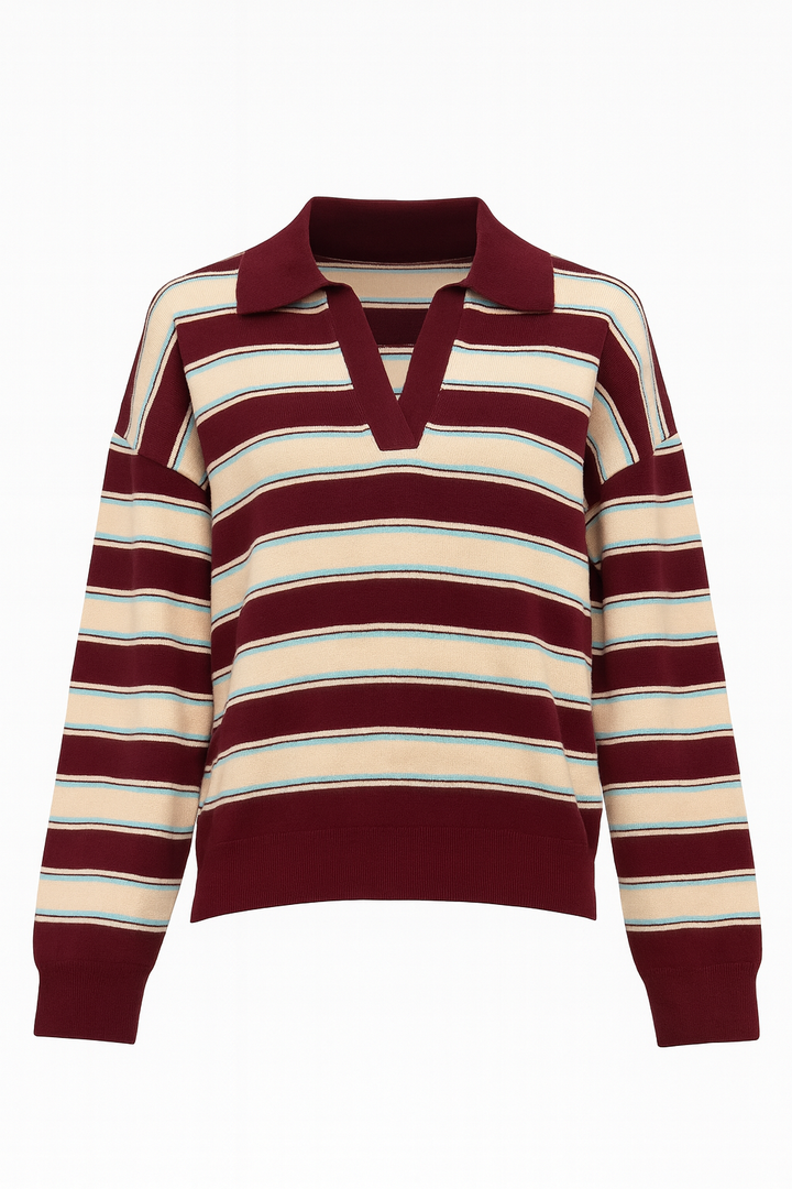 SUÉTER DE RAYAS VINO CON MENTA CUELLO V