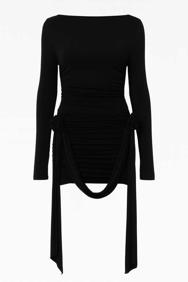 VESTIDO MANGA LARGA NEGRO CON DETALLES DE FLOR