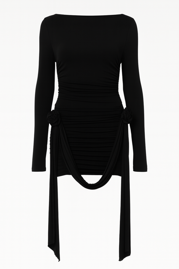 VESTIDO MANGA LARGA NEGRO CON DETALLES DE FLOR