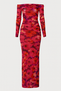 VESTIDO LARGO FLORAL MANGA LARGA OFF SHOULDER