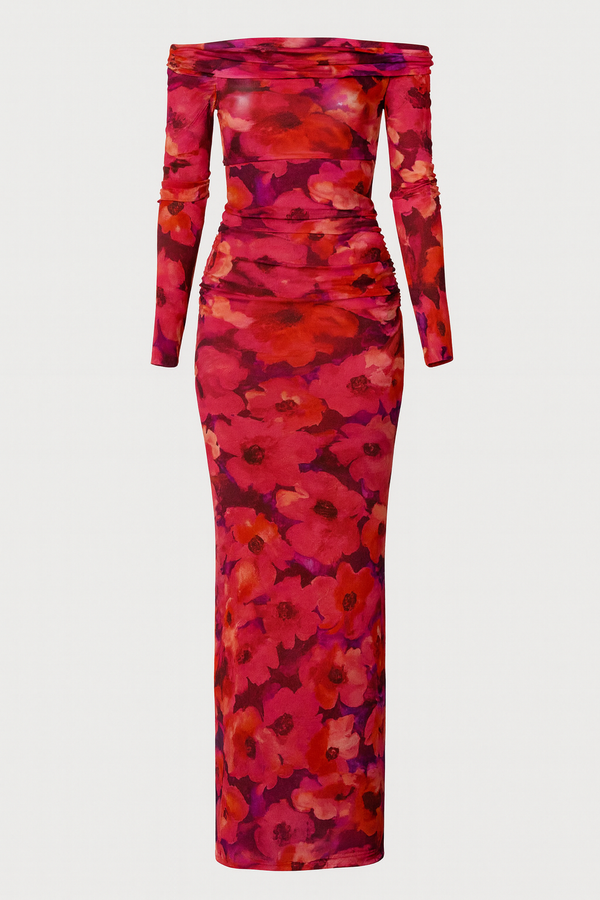 VESTIDO LARGO FLORAL MANGA LARGA OFF SHOULDER