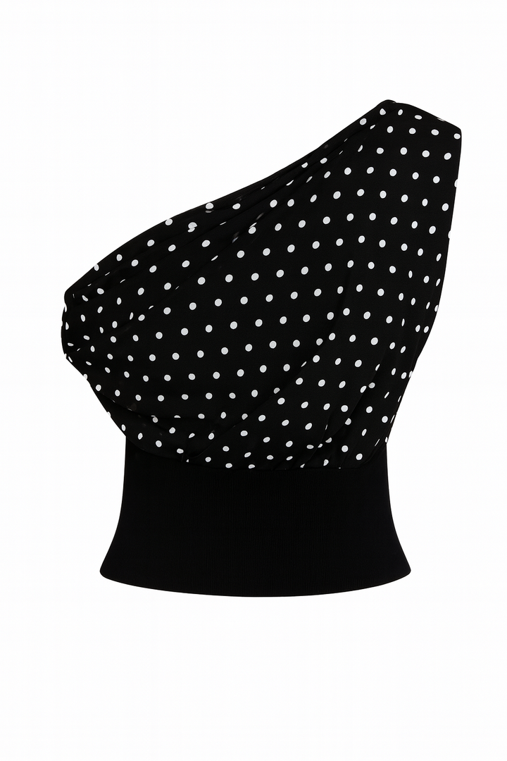 TOP ASIMÉTRICO DE LUNARES NEGRO
