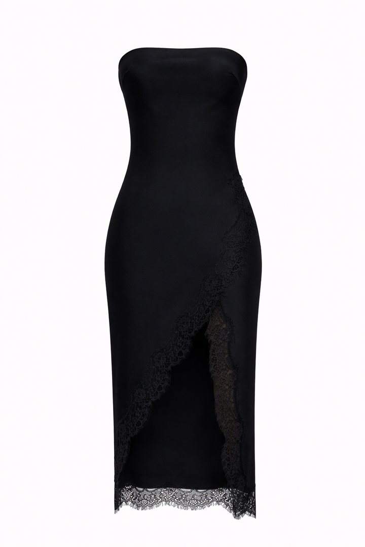 VESTIDO MIDI STRAPLESS DE SATIN Y ENCAJE NEGRO