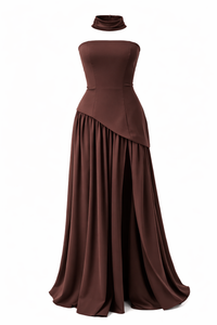 VESTIDO STRAPLESS LARGO CON BUFANDA CAFE