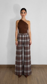 PANTALÓN FORMAL WIDE LEG DE CUADROS CAFÉ
