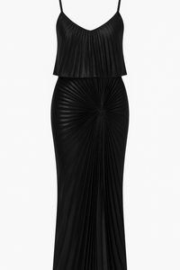 VESTIDO LARGO METALICO NEGRO PLISADO