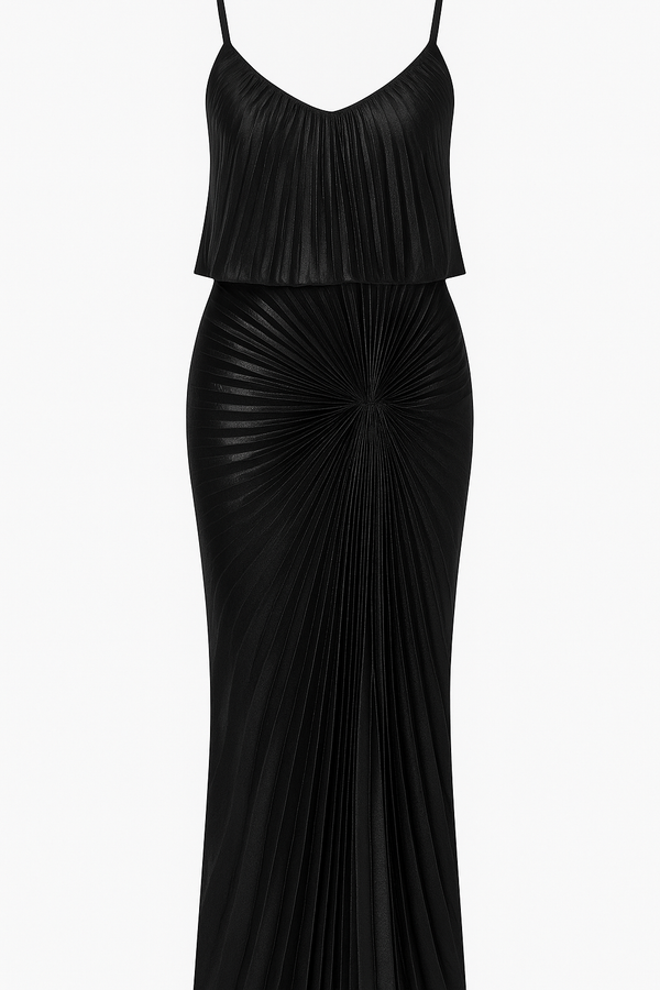 VESTIDO LARGO METALICO NEGRO PLISADO