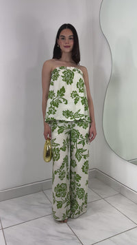 CONJUNTO WIDE LEG & BLUSA STRAPLESS FLOREADA VERDE
